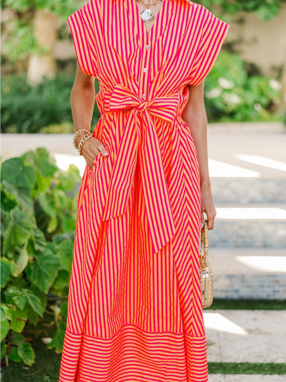entro Coral and Pink Striped Tie-Front Maxi Dress - Picture 2 of 8